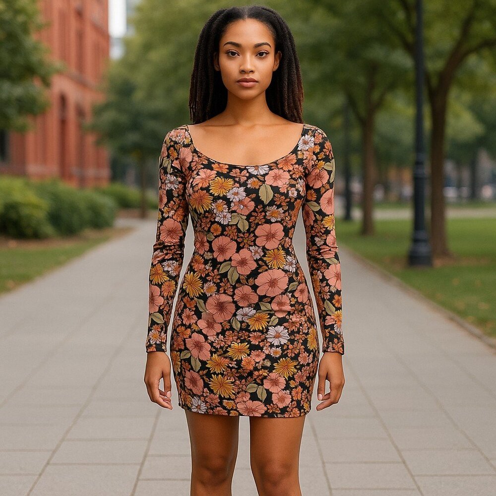 Altar'd State Women's Floral Bodycon Dress Medium | Long Sleeve Stretch | Made i